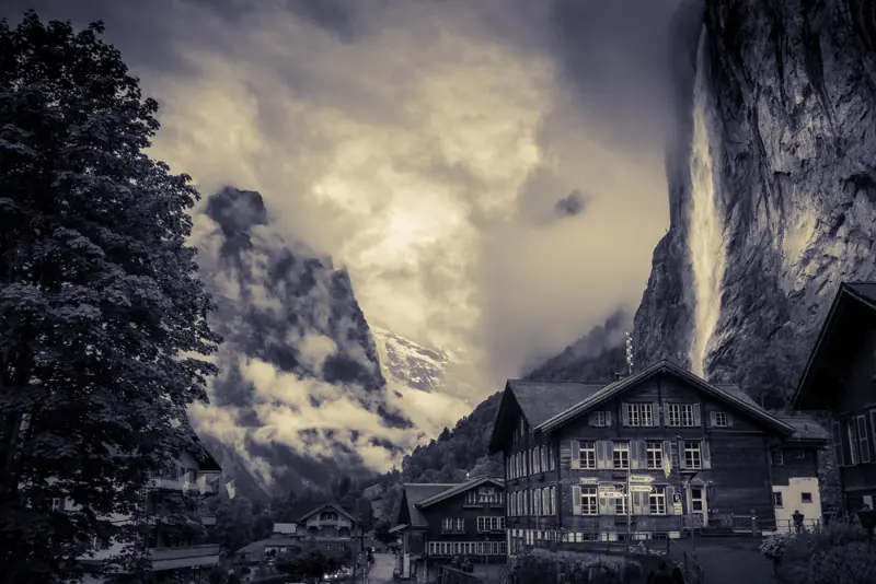 Staubbach Falls above Lauterbrunnen, seen from the village hotels