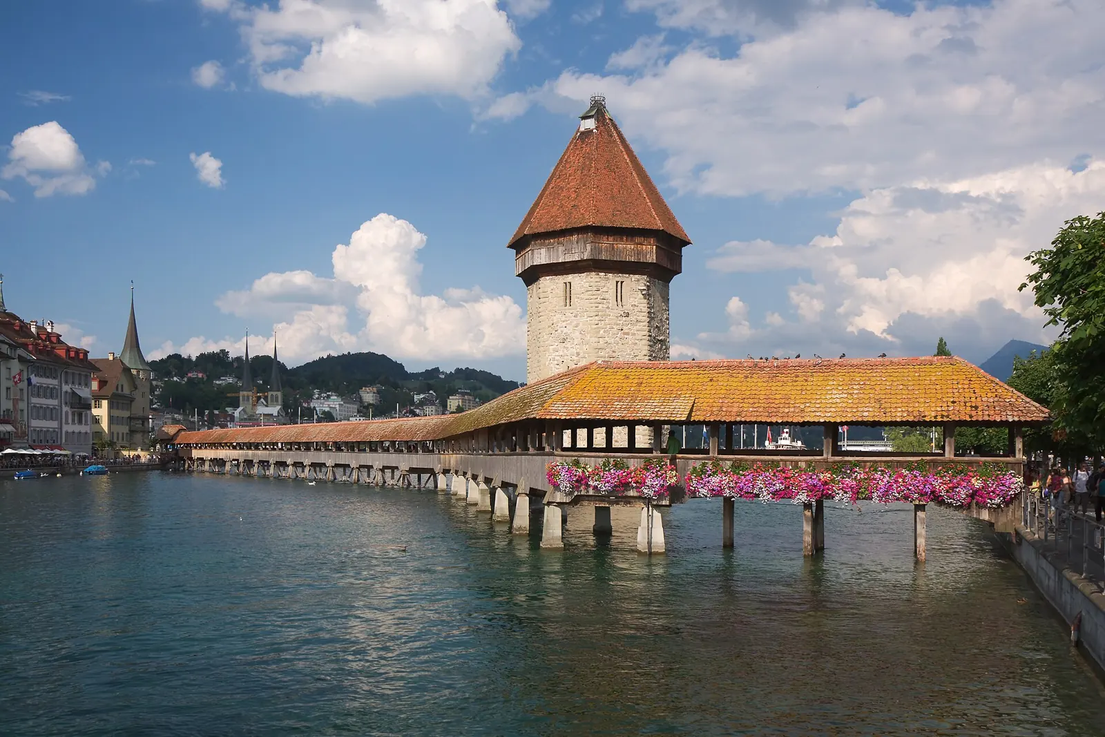 Chapel Bridge on the Reuss in Lucerne, next to the old-town hotels