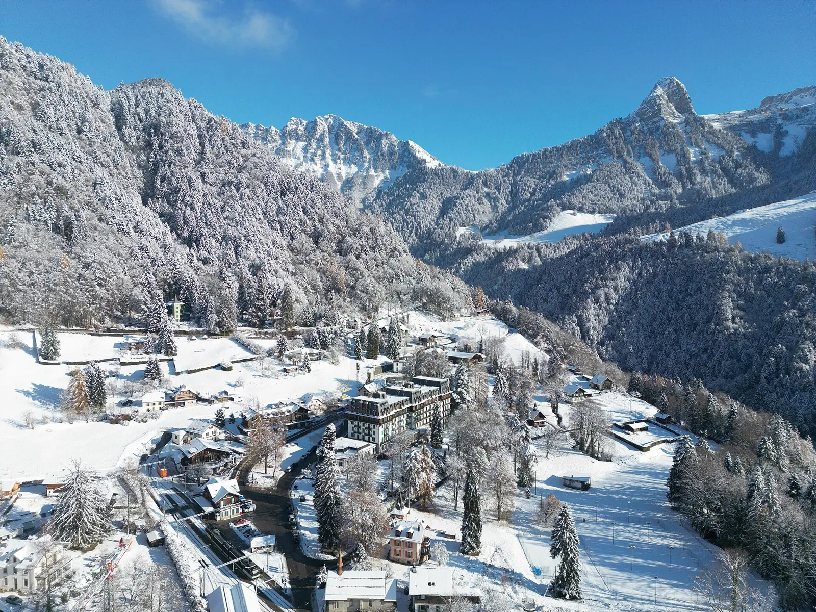 Snowy village above Lake Geneva in winter
