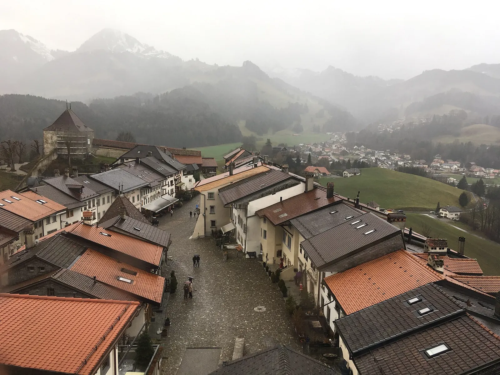 The main street of the hilltop village of Gruyères, a day trip from Geneva