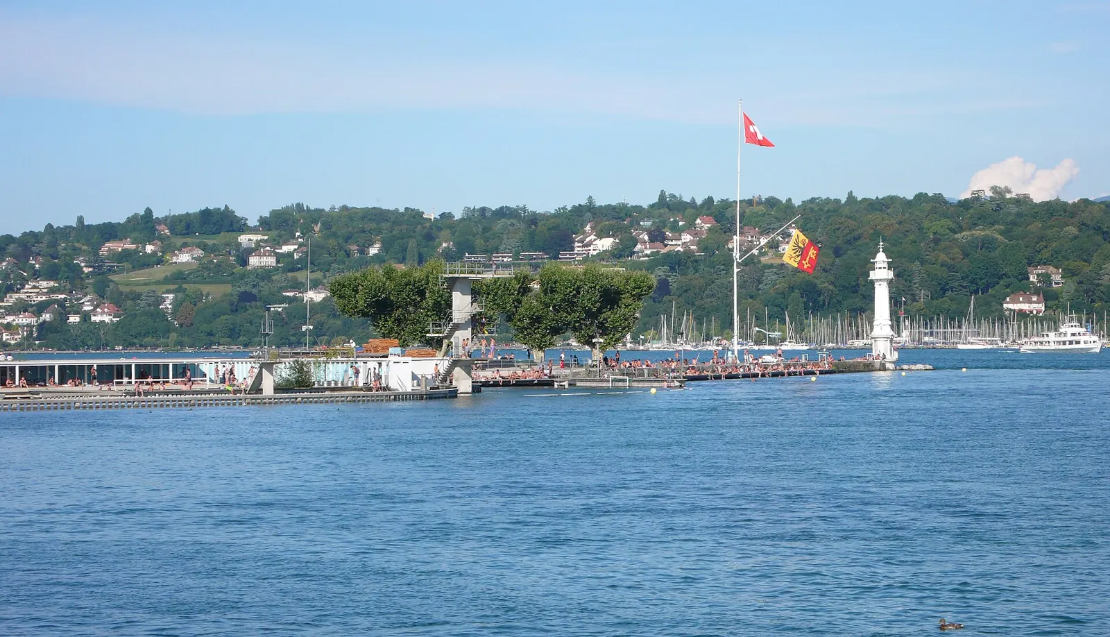Swimming in Lake Geneva at the Bains des Pâquis in summer