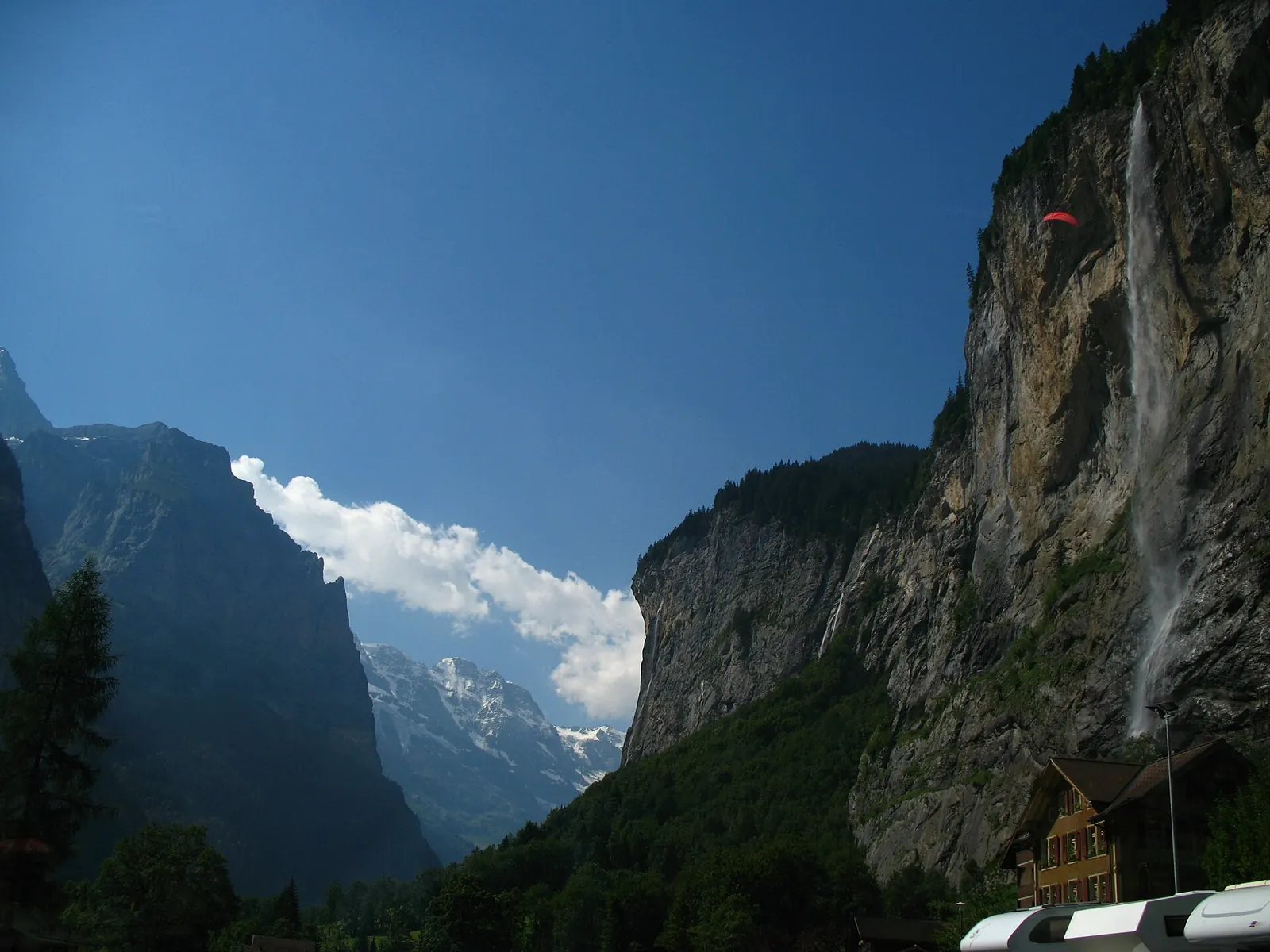 Where to stay in Lauterbrunnen: the village church and Staubbach Falls