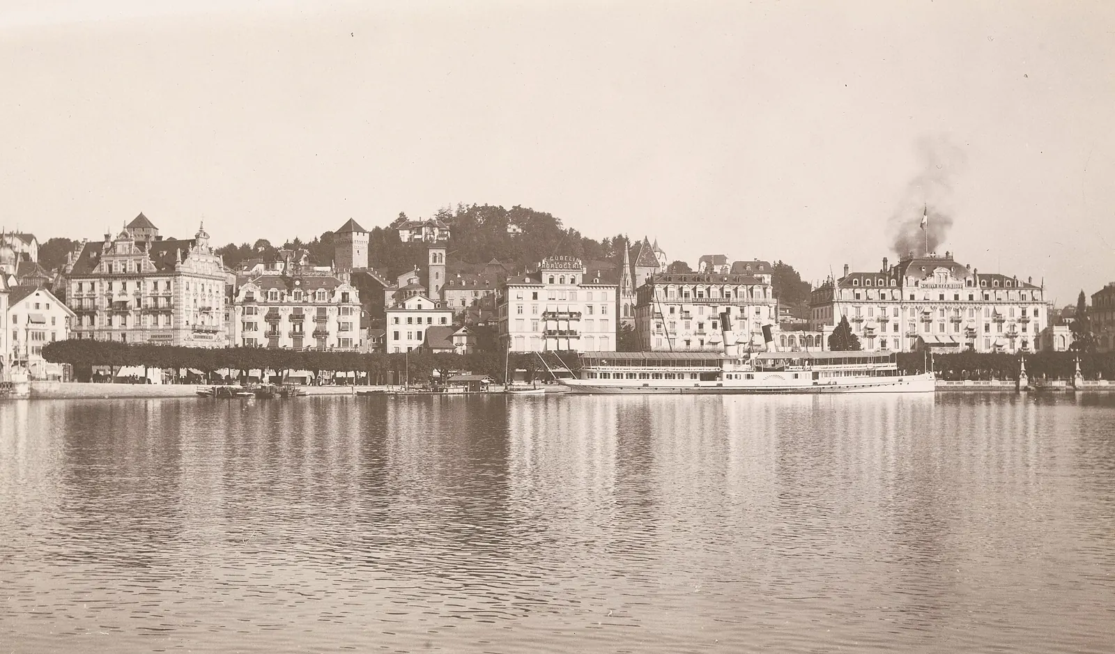 The Schweizerhofquai and its grand hotels on Lake Lucerne, in an early 20th-century photo
