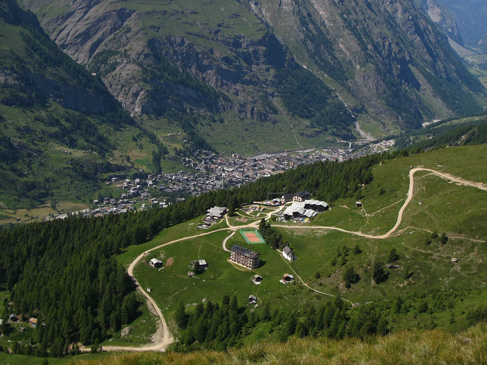 Riffelalp resort above Zermatt, with the village in the valley below